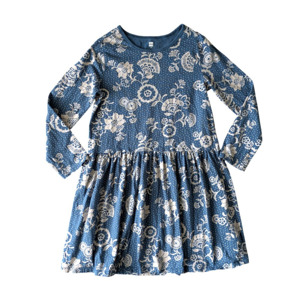 Tea Collection Blue Long Sleeve Skirted Dress Floral Polka Dot Print Girls Sz 16